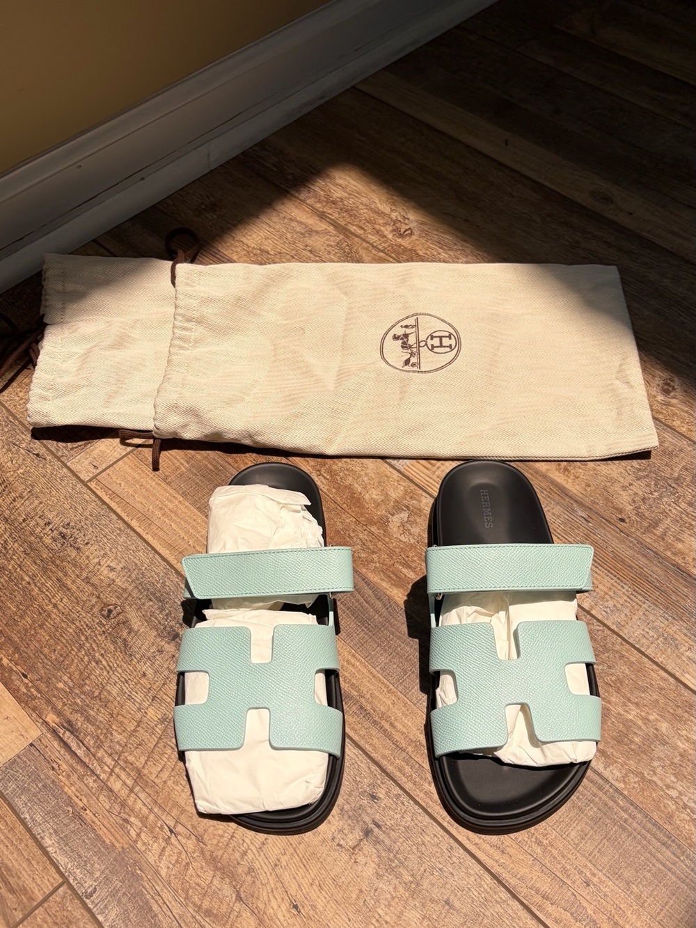 Hermes Mint Green Oran Style Leather Slide Sandals